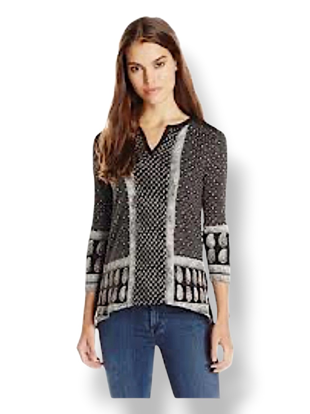 Lucky Brand Women’s 3/4 Sleeve Split Neck Peasant Blouse Boho Paisley Black S